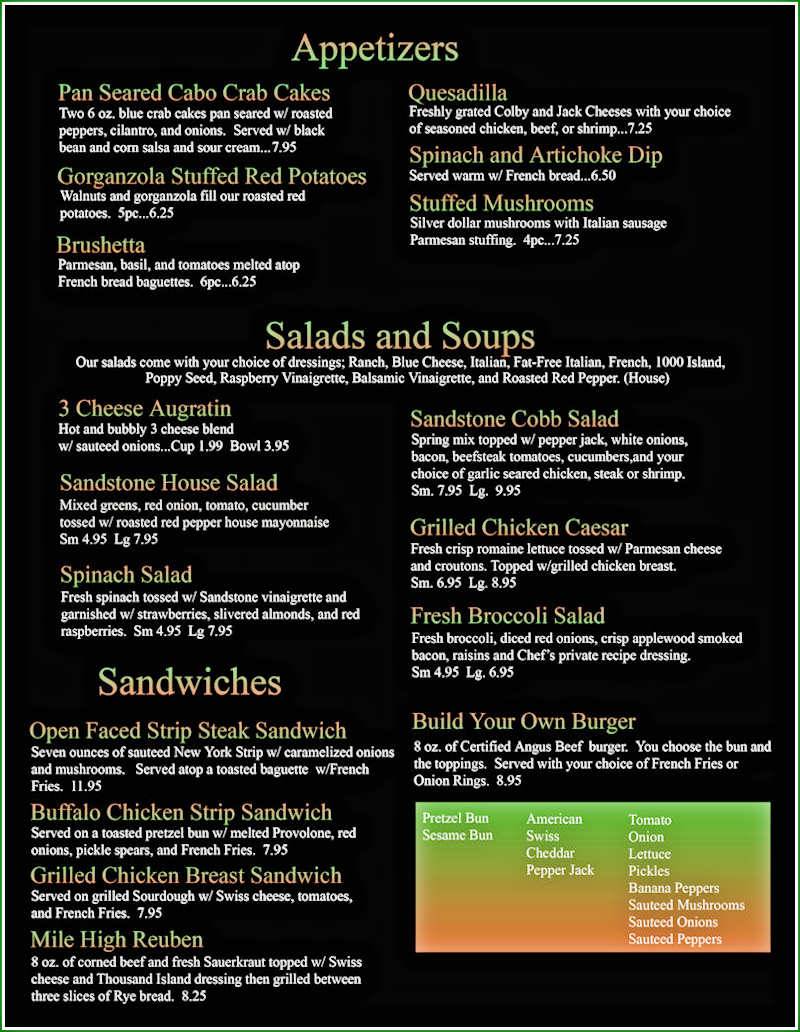 The Sandstone Restaurant Menu in the Hocking Hills